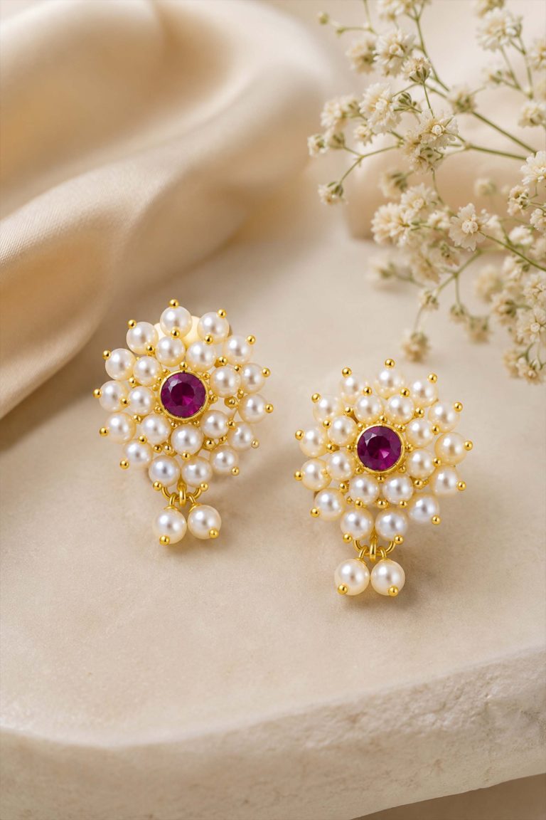 Royal Pearl Floral Stud Earrings with Ruby Stone