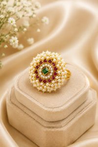 Royal Kundan Pearl Statement Ring with Green & Red Stones