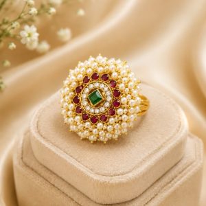 Royal Kundan Pearl Statement Ring with Green & Red Stones