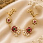 Royal Kundan Peacock Ear Cuff Earrings with Ruby, Emerald & Pearl Detailing