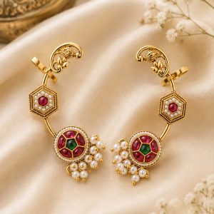 Royal Kundan Peacock Ear Cuff Earrings with Ruby, Emerald & Pearl Detailing