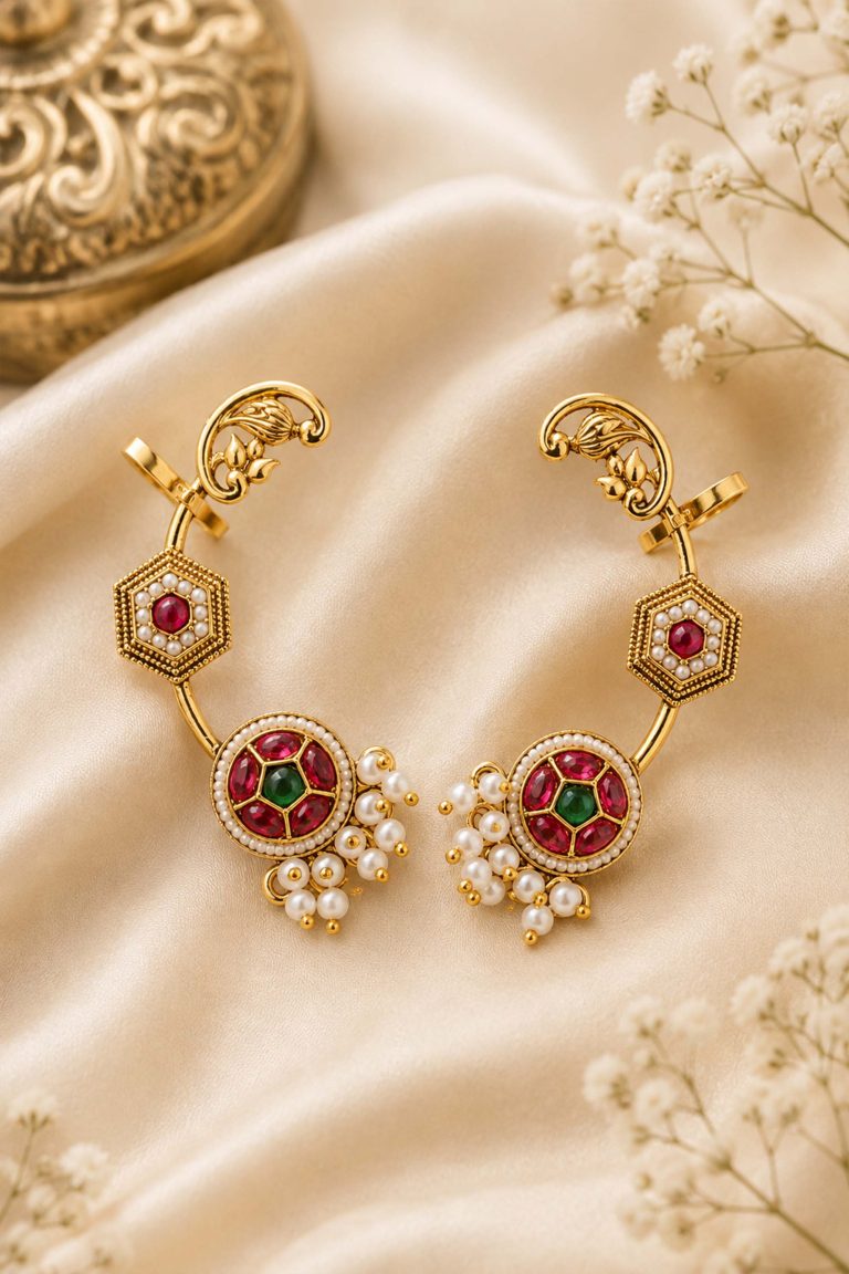 Royal Kundan Peacock Ear Cuff Earrings with Ruby, Emerald & Pearl Detailing