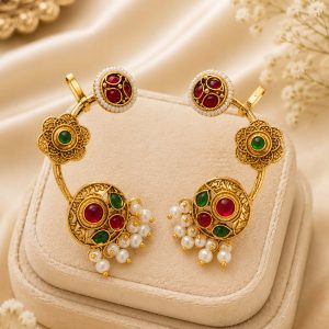 Royal Kundan Pearl Ear Cuffs with Red & Green Stones