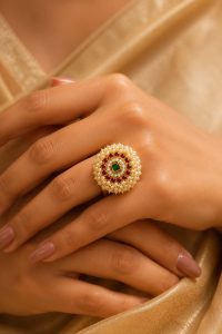 Royal Kundan Pearl Statement Ring with Green & Red Stones Hover Image