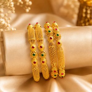 Traditional Gold Bangles with Ruby & Green Stone Detailing