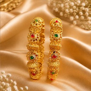 Designer Gold Bangles with Ruby and Green Stone Detailing