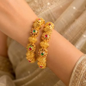 Designer Gold Bangles with Ruby and Green Stone Detailing Hover Image