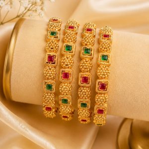 Traditional Gold Finish Designer Bangles with Red & Green Stones