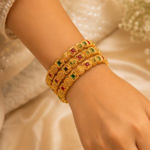 Traditional Gold Finish Designer Bangles with Red & Green Stones Hover Image