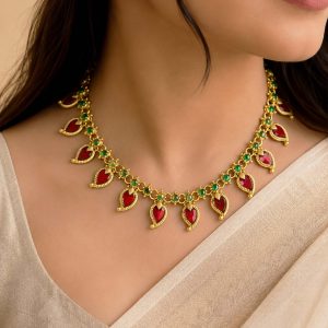 Traditional Green & Red Stone Necklace Set with Matching Earrings