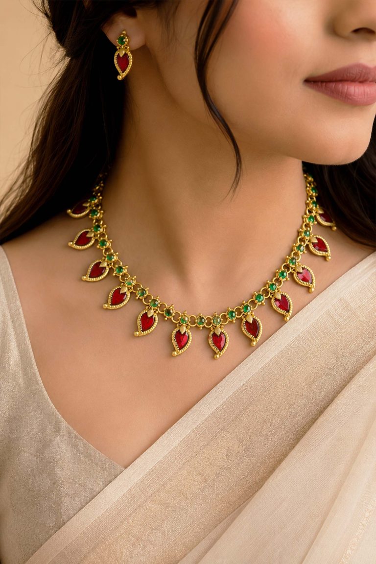 Traditional Green & Red Stone Necklace Set with Matching Earrings
