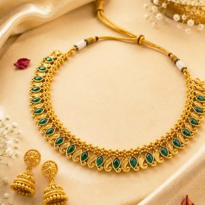 Traditional Green Stone Gold Finish Necklace Set Hover Image