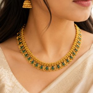 Traditional Green Stone Gold Finish Necklace Set