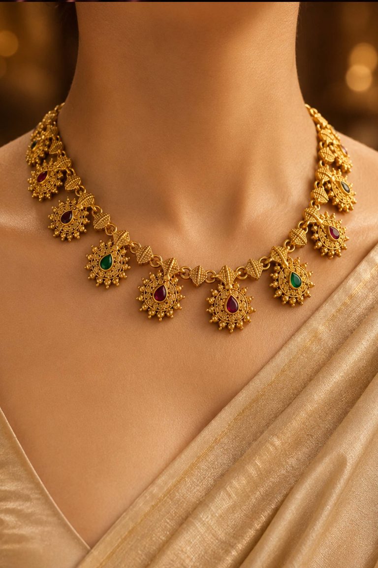 Traditional Temple Jewellery Necklace Set with Ruby & Emerald Stones