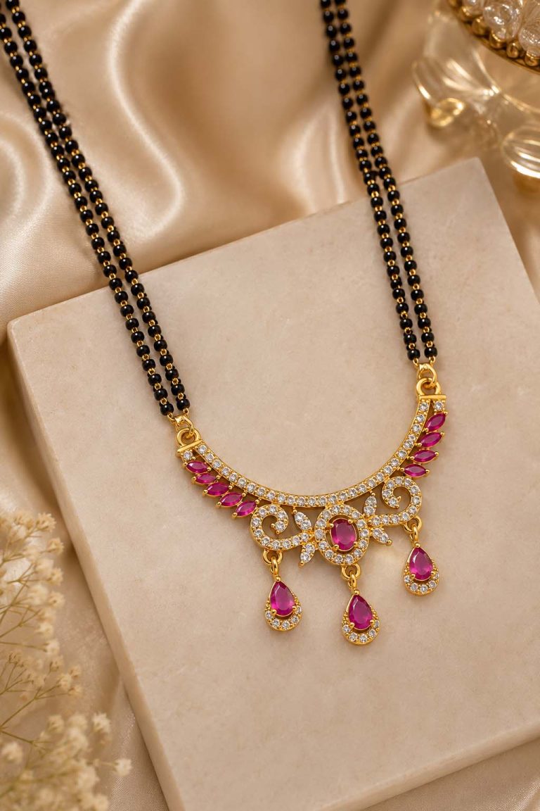 Victorian Long Mangalsutra with Ruby Pink Stones