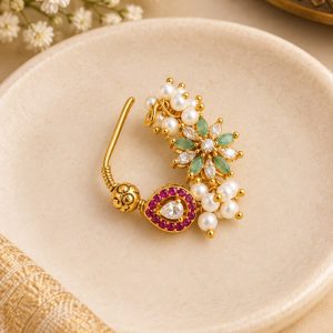 Traditional Green & Ruby Stone Pearl Nath | Maharashtrian Nath