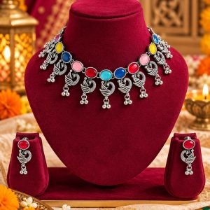 Multicolor Oxidised Silver Choker Necklace Set with Earrings Hover Image