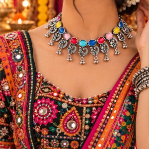 multicolor-oxidised-silver-choker-necklace-set