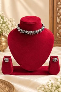 Oxidised Silver Mirror Choker Necklace Set with Earrings Hover Image