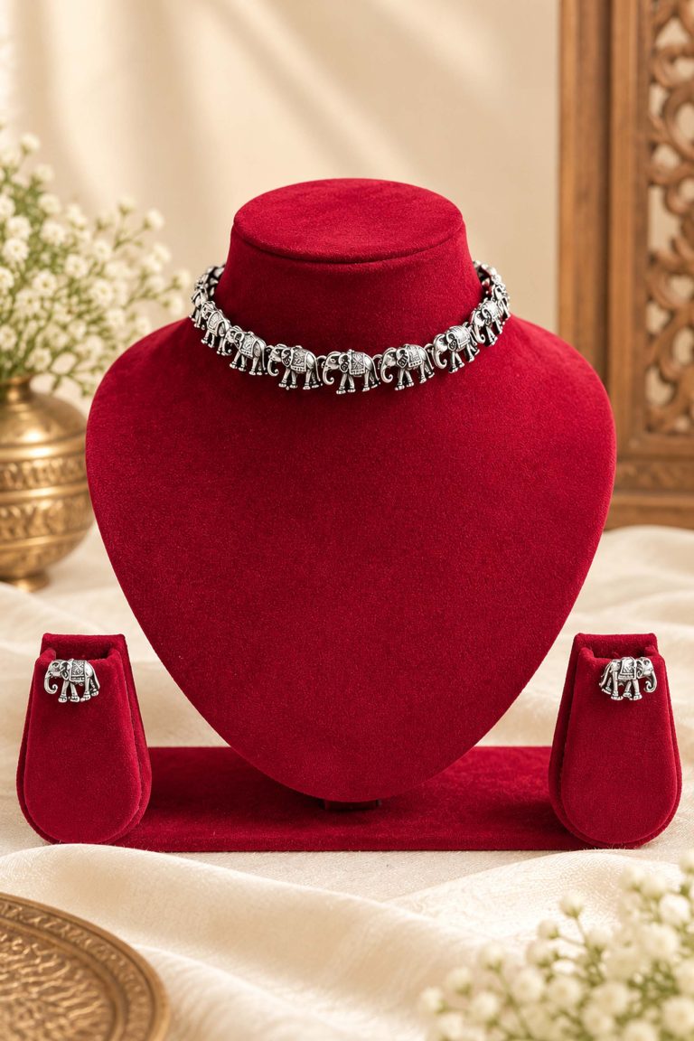 Oxidised Silver Mirror Choker Necklace Set with Earrings Hover Image