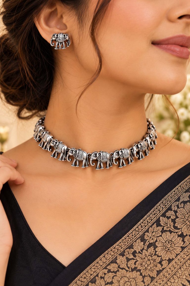 Oxidised Silver Mirror Choker Necklace Set with Earrings