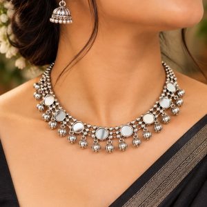 oxidised-silver-mirror-necklace-set-jhumka-earrings
