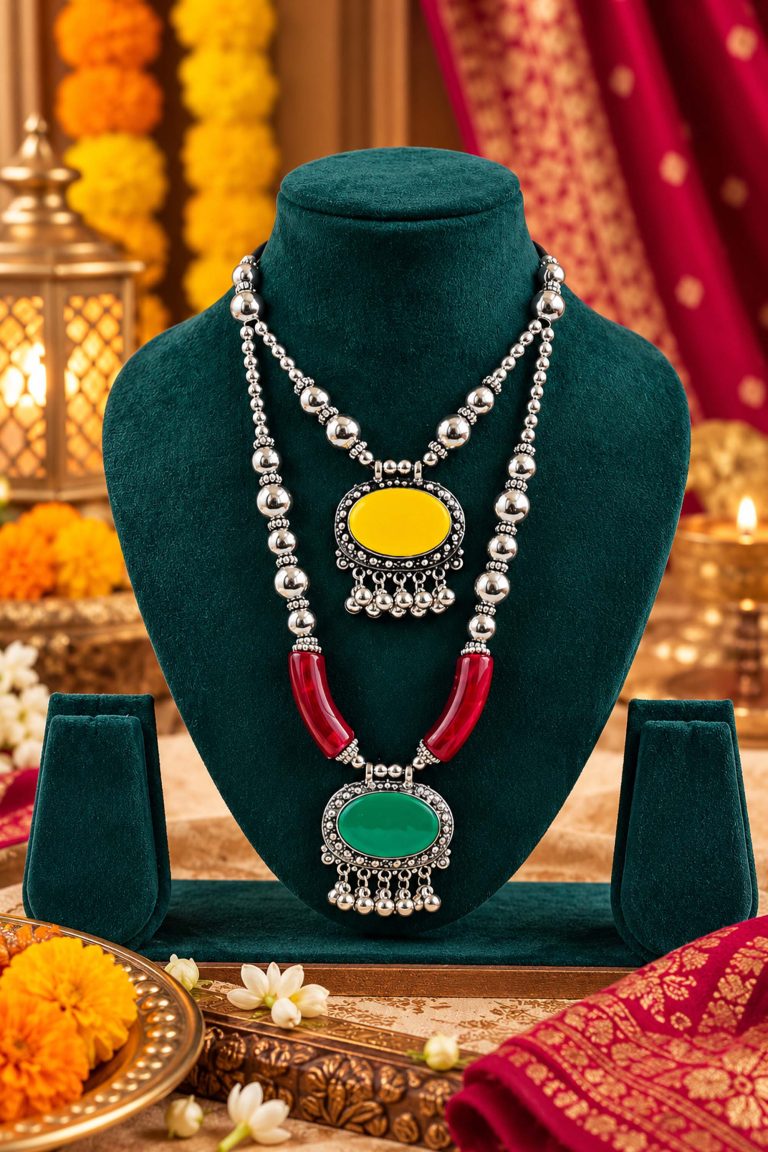 Oxidised Silver Multicolor Layered Necklace with Pendants Hover Image