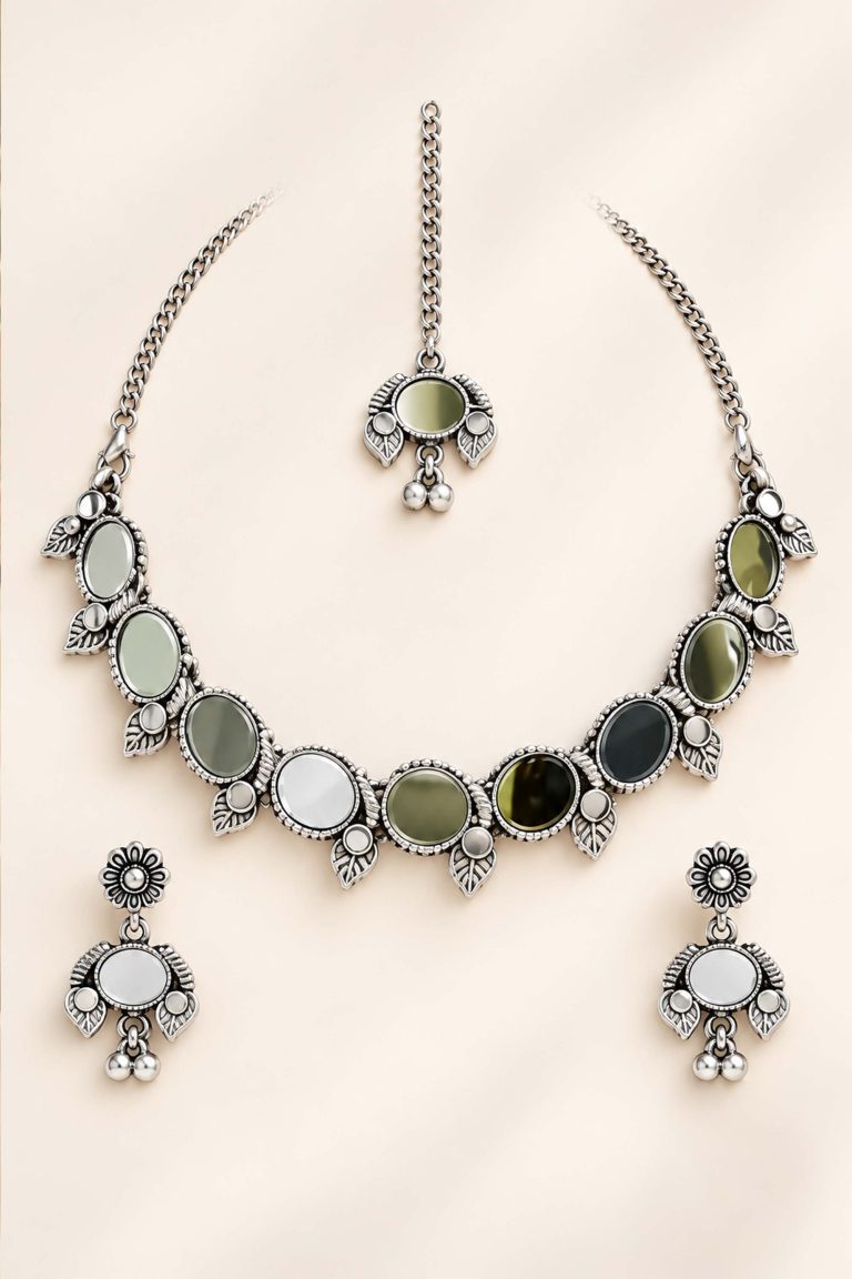 Oxidised Silver Necklace Set with Earrings & Maang Tikka Hover Image