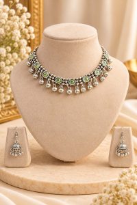 Oxidised Silver Peacock Mirror Necklace Set with Jhumka Earrings Hover Image