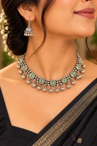 Oxidised Silver Peacock Mirror Necklace Set with Jhumka Earrings