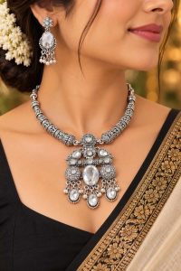 Oxidised Silver Statement Necklace Set with Earrings