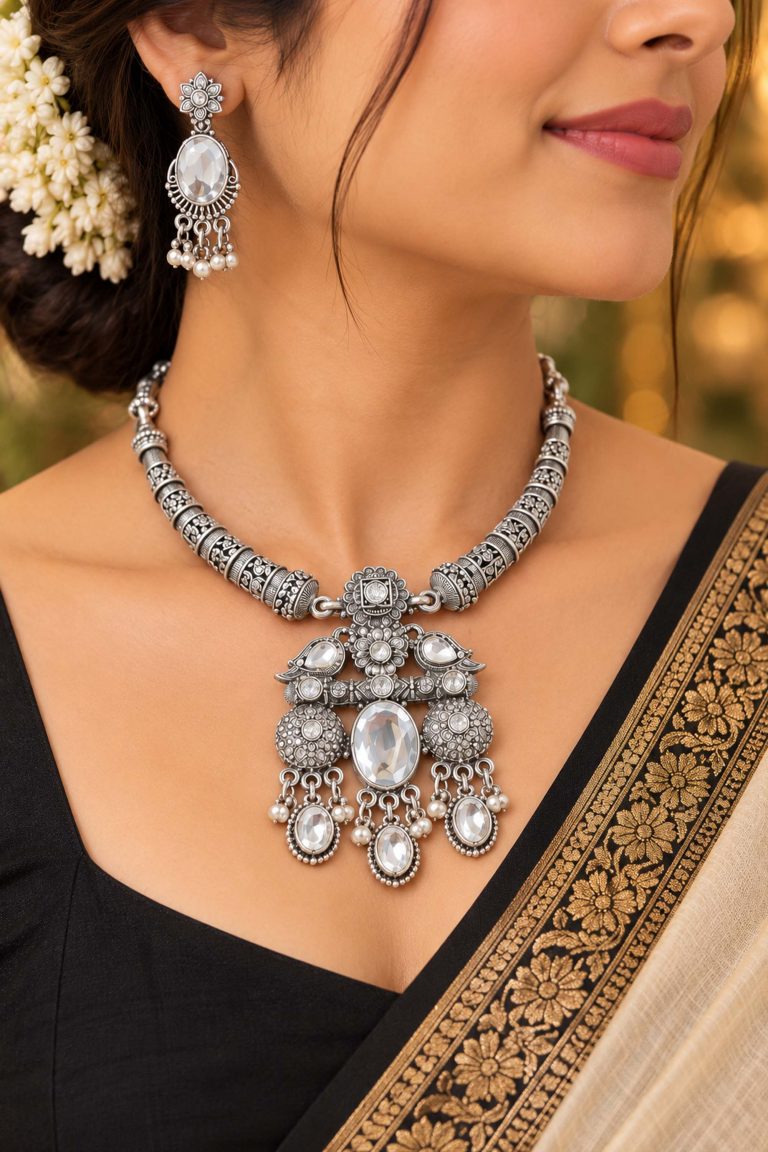 Oxidised Silver Statement Necklace Set with Earrings