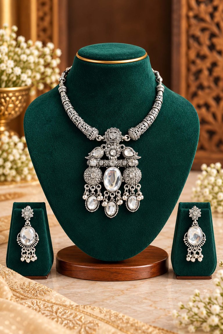 Oxidised Silver Statement Necklace Set with Earrings Hover Image
