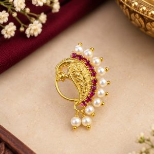 Pearl & Pink Stone Maharashtrian Nath | No Piercing Required