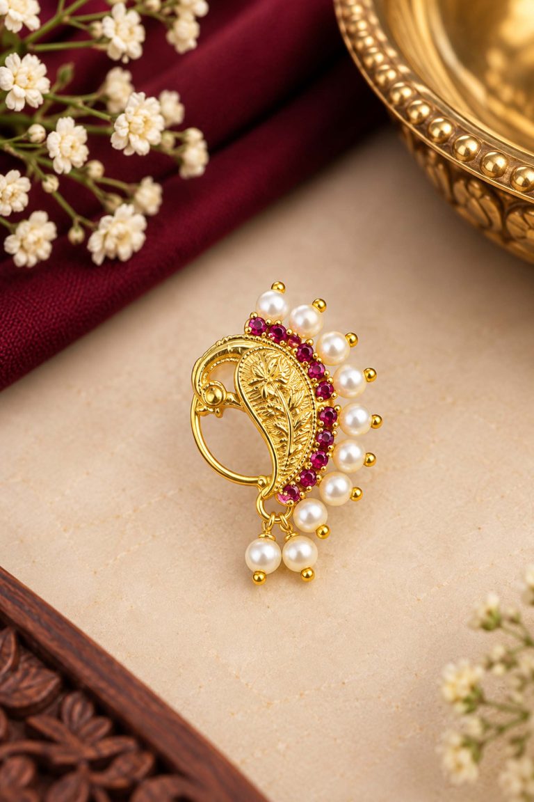 Pearl & Pink Stone Maharashtrian Nath | No Piercing Required