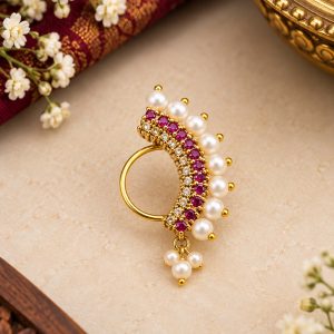 Pearl & Ruby Stone Maharashtrian Nath | No Piercing Required