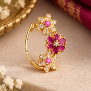 Pink Floral Nath | Gold-Plated Traditional Maharashtrian Nose Ring Hover Image
