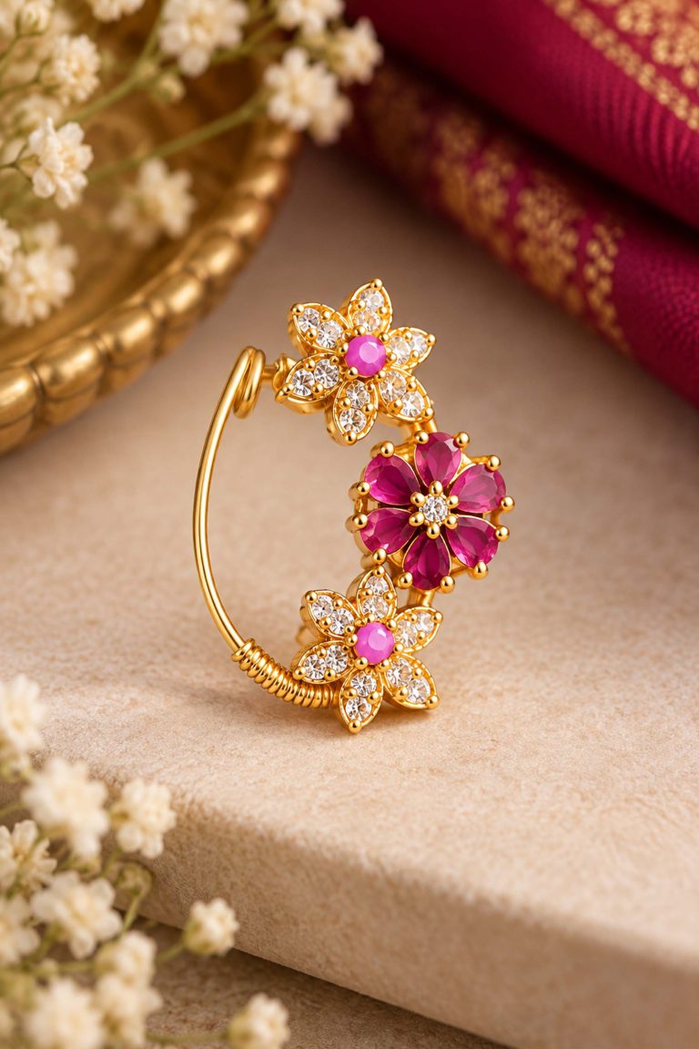 Pink Floral Nath | Gold-Plated Traditional Maharashtrian Nose Ring Hover Image