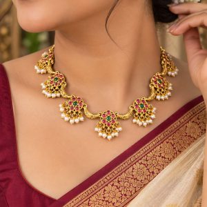 Premium Kemp Stone Necklace Set with Matching Earrings | Traditional Gold-Plated Jewellery