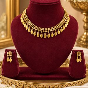 Traditional Gold-Plated Beaded Choker Necklace Set with Matching Earrings | Leaf Design Hover Image