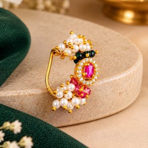 Traditional Maharashtrian Nath with Pearls & Pink Green Stones | Gold-Plated Nath