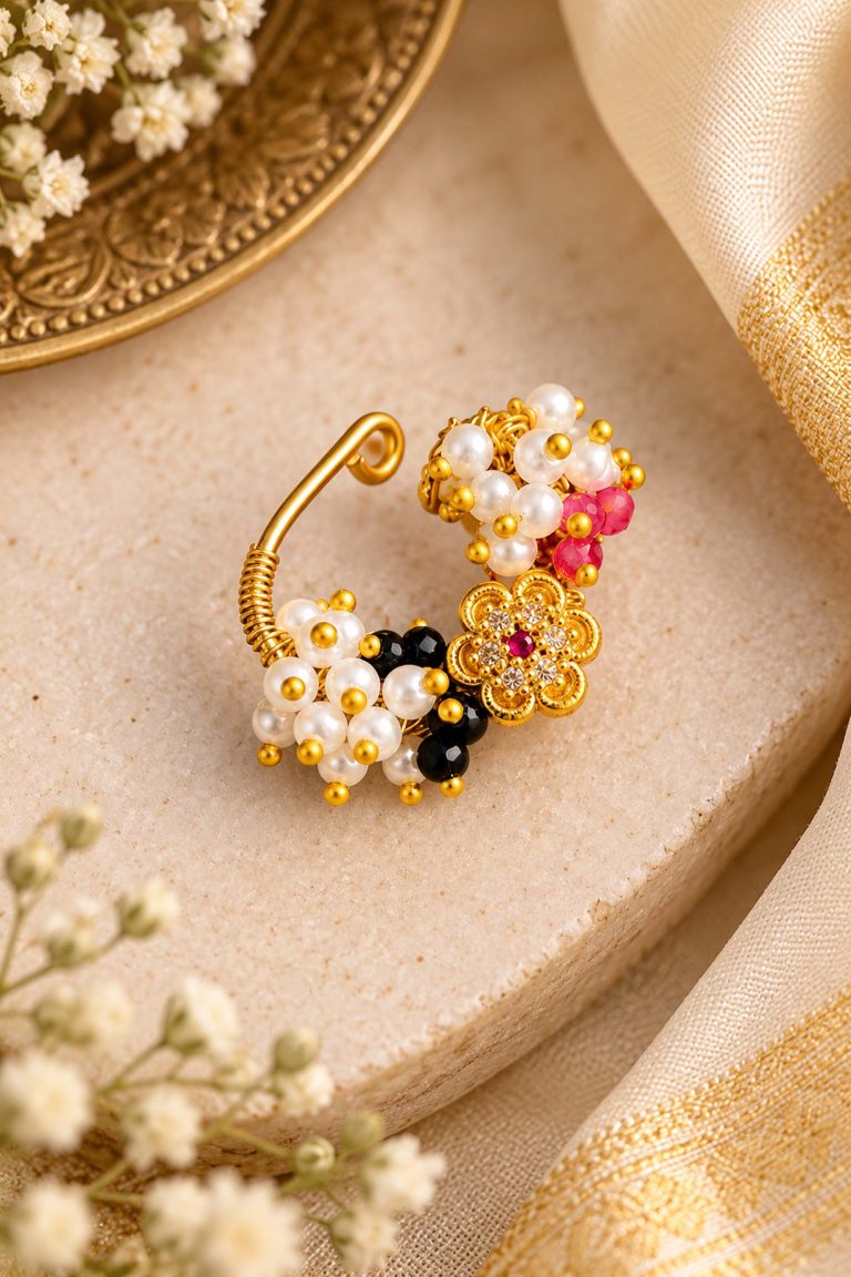 Traditional Pearl & Beaded Maharashtrian Nath | Gold-Tone Bridal Nose Ring