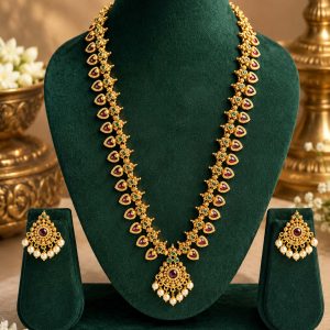Traditional Ruby Green Stone Long Necklace Set with Matching Earrings