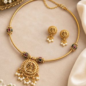 Traditional Temple Gold Finish Necklace Set with Matching Earrings | Ethnic Indian Jewellery Hover Image