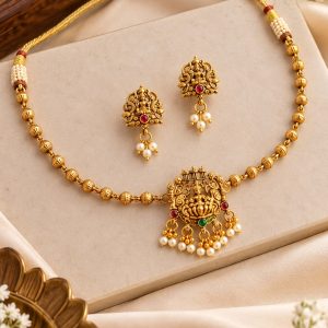 Traditional Temple Jewellery Choker Necklace Set with Matching Earrings | Gold-Plated Hover Image