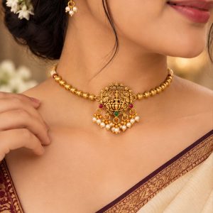 Traditional Temple Jewellery Choker Necklace Set with Matching Earrings | Gold-Plated