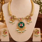 Traditional Temple Necklace Set with Green Pendant and Matching Earrings